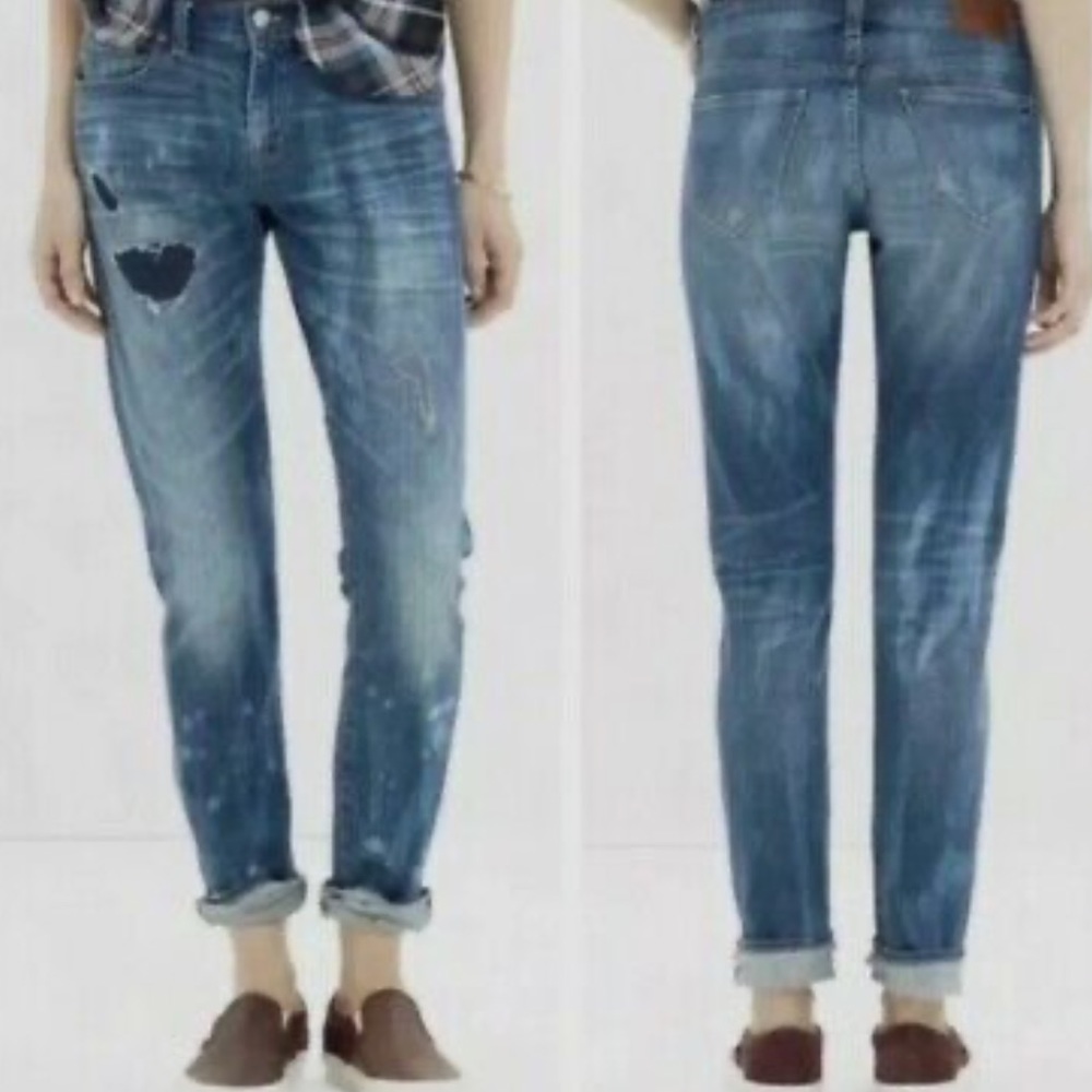 Madewell Distressed Paint Slim Boyfriend Jeans Medium Wash
